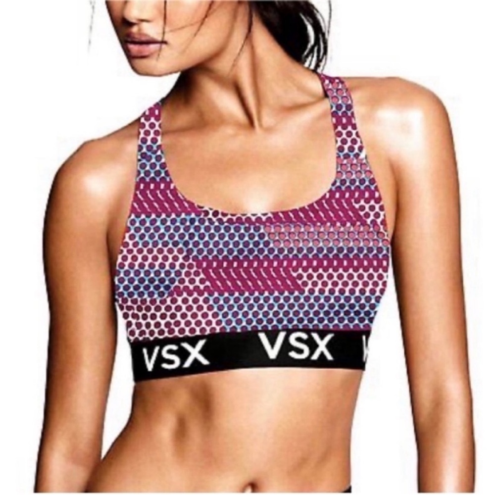 Victoria's Secret Sport sports bra purple blue dots racerback spell out elasti